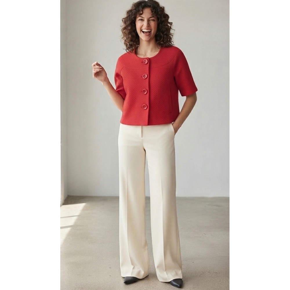 Madison Petite Cropped Jacket Womens 10P Red Textured Short Sleeve Button Front